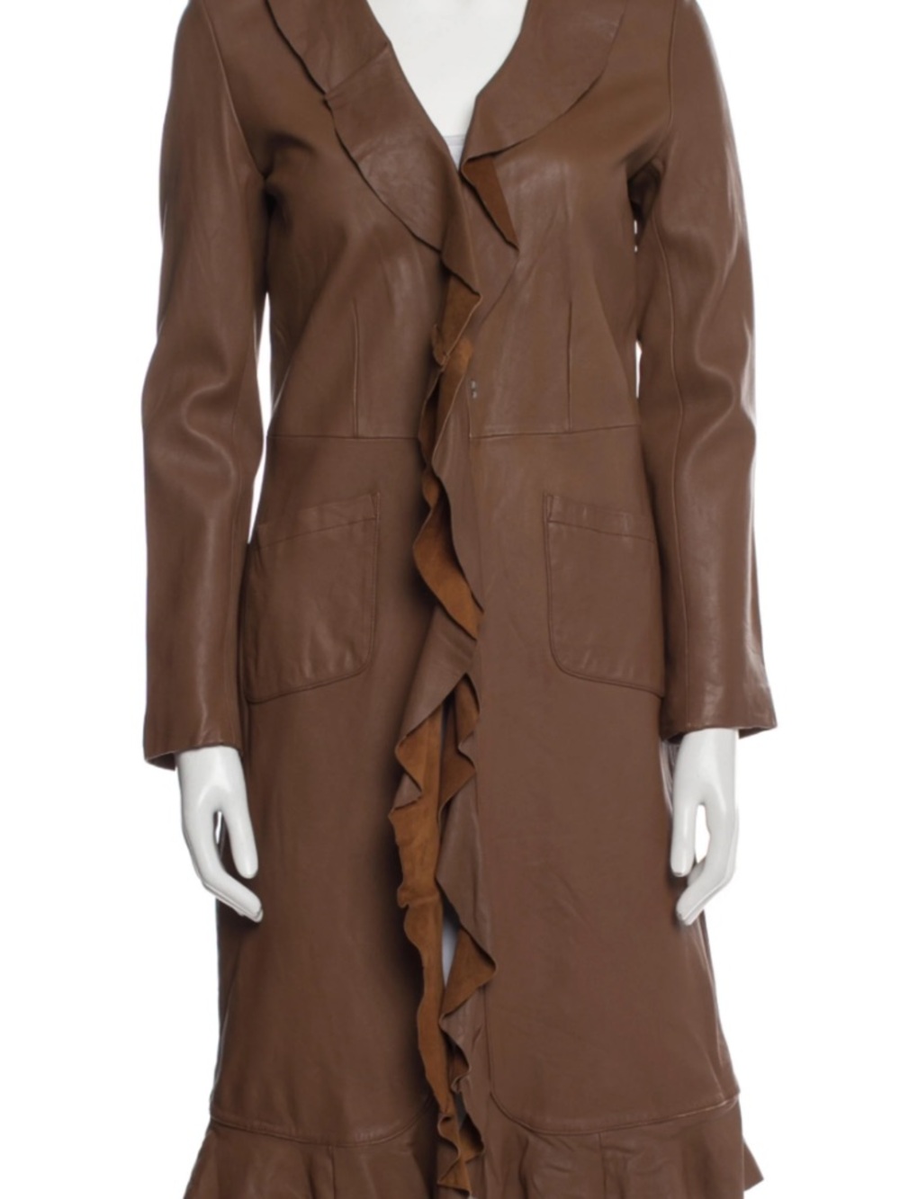 Calypso St. Barth Brown Leather Ruffle-Front Coat